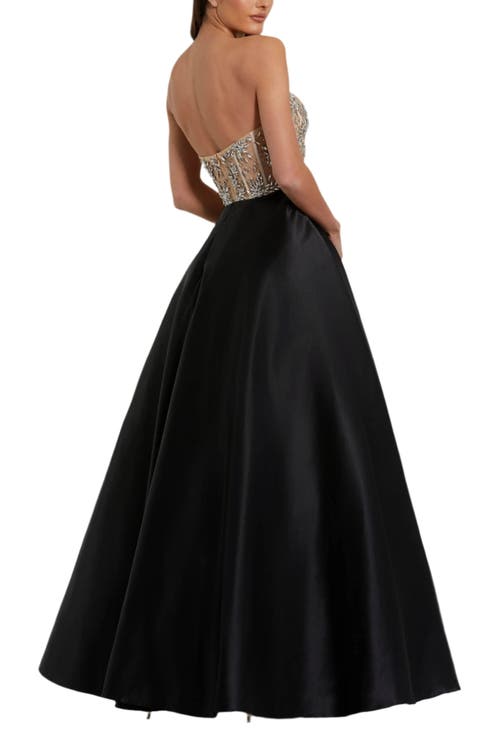 Mac Duggal Strapless Embellished Detail Bustier Ball Gown In Black