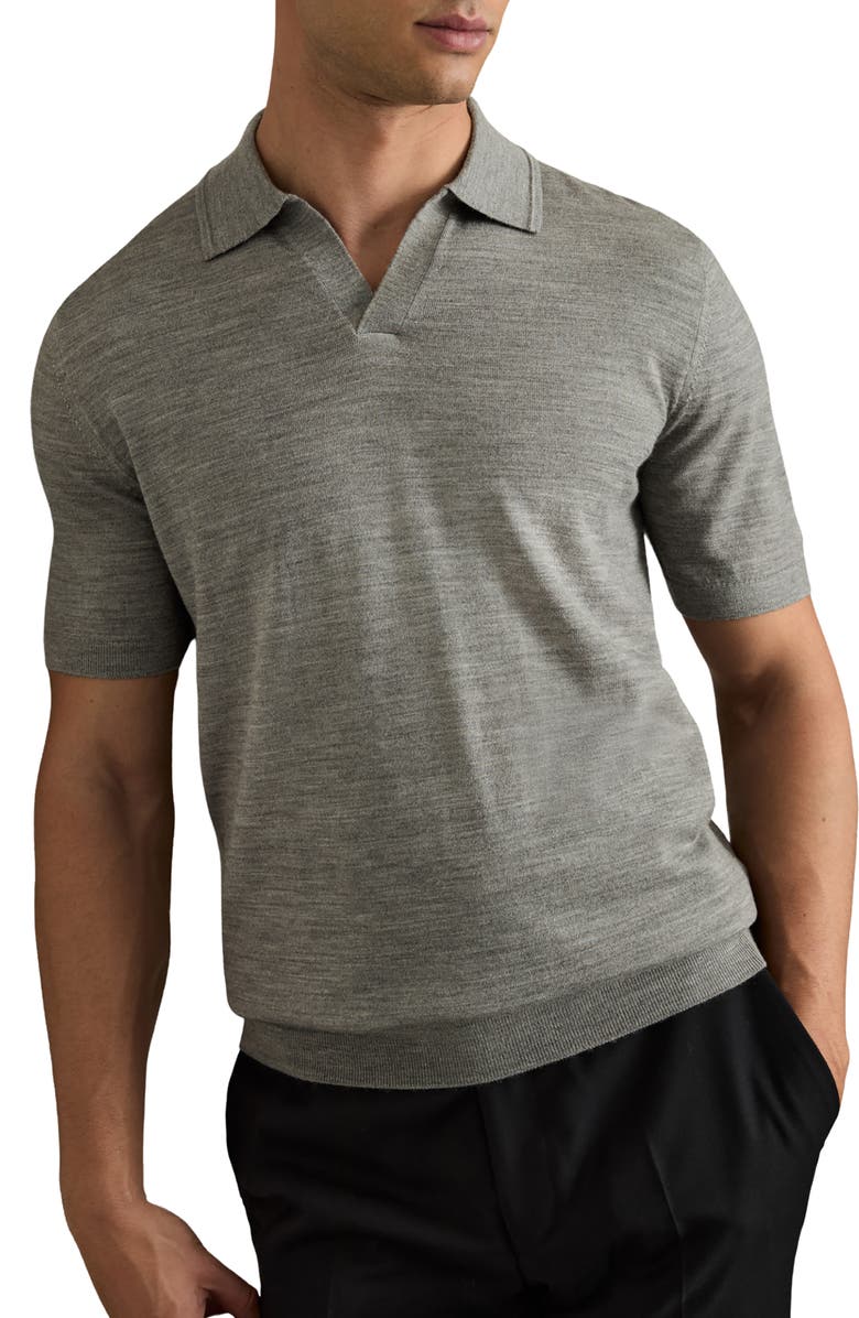 Reiss Duchie Johnny Collar Short Sleeve Wool Polo Sweater, Main, color, Warm Grey Melange