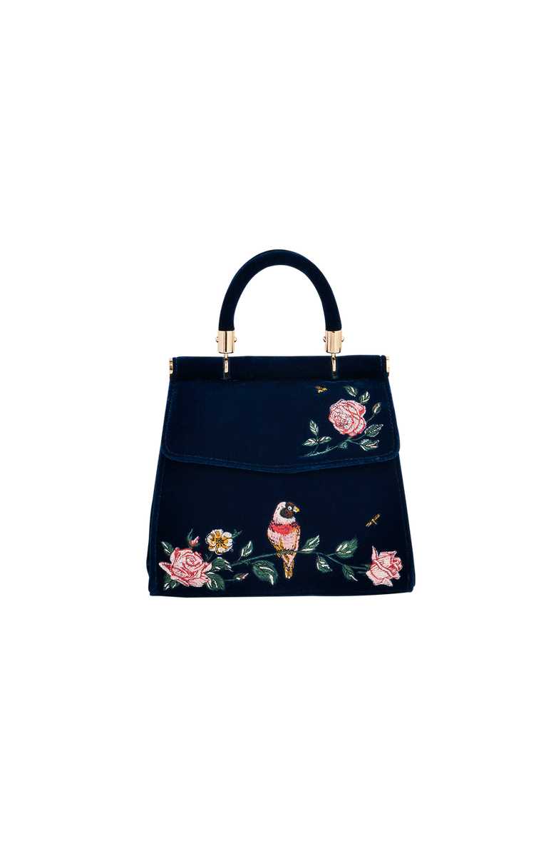 Fable England Rosy Posy Embroidered Blue Mini Top Handle Tote, Main, color, Navy