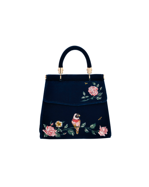 Rosy Posy Embroidered Blue Mini Top Handle Tote