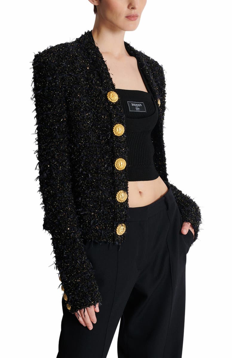 Balmain Edge-To-Edge Tweed Jacket, Alternate, color, Black