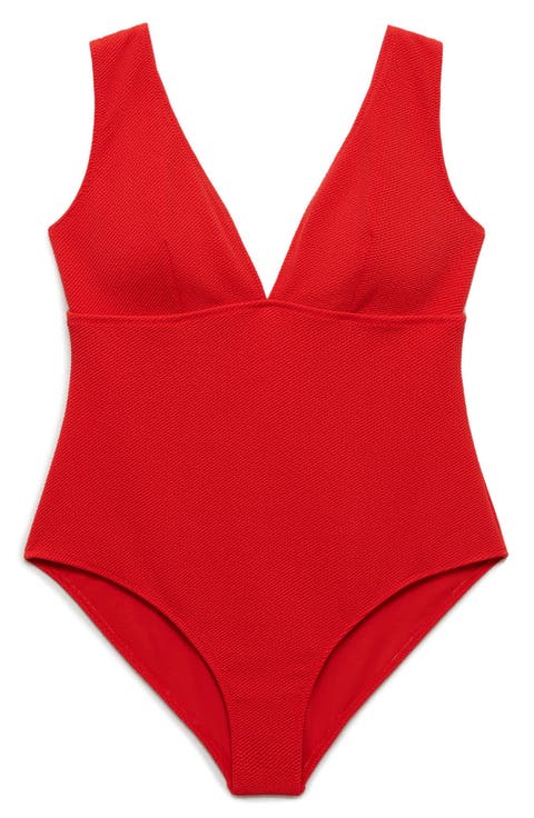 V-Neck Rib One-Piece Swimsuit (Plus)