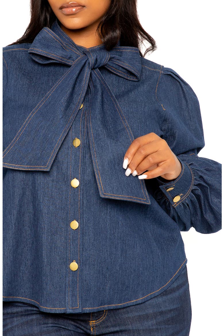 Bow Neck Puff Shoulder Denim Shirt, Alternate, color, DENIM BLUE