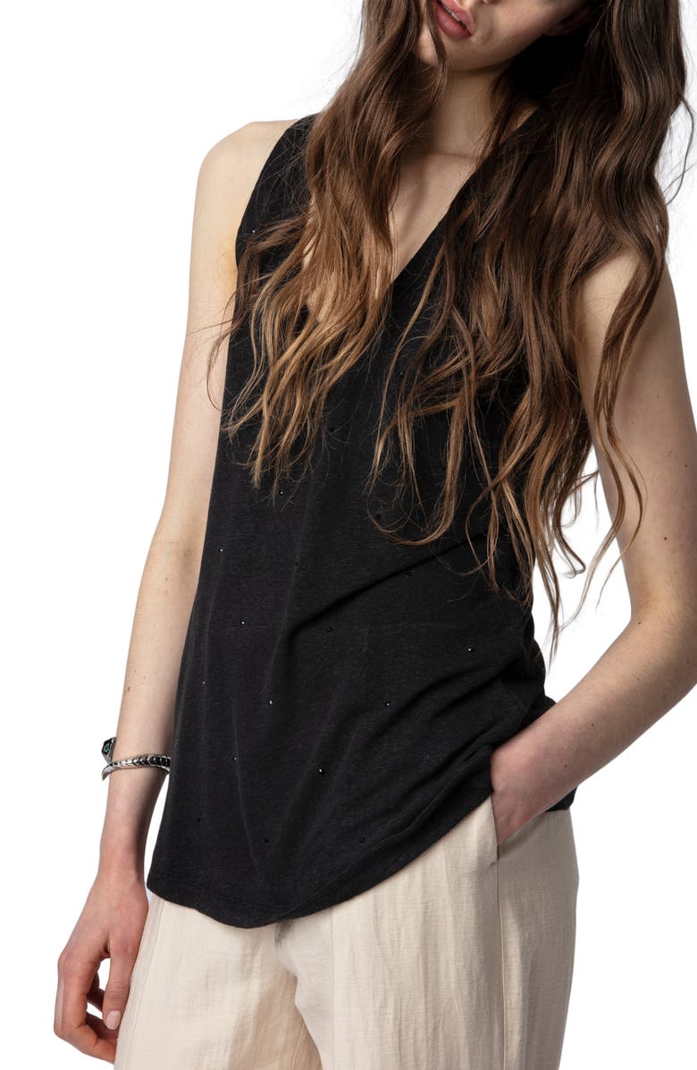 Zadig & Voltaire Samy Rhinestone Linen Blend Tank Top, Alternate, color, 