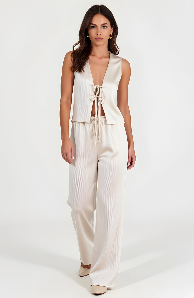 Modenaire Sleeveless Tie-Front Top and Wide-Leg Pant Set in Lustrous Finish, Main, color, 