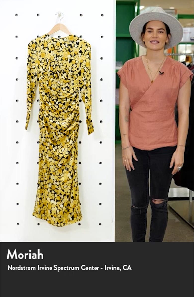 Floral Print Ruched Long Sleeve Stretch Silk Satin Dress, sales video thumbnail