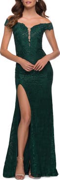 La Femme Lace Off the Shoulder Gown with Deep V Neckline