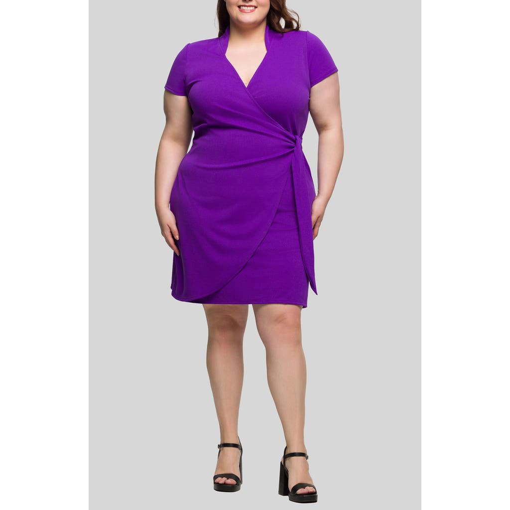 24seven Comfort Apparel Plus Size Mandarin Collar Knee Length Wrap Dress In Purple