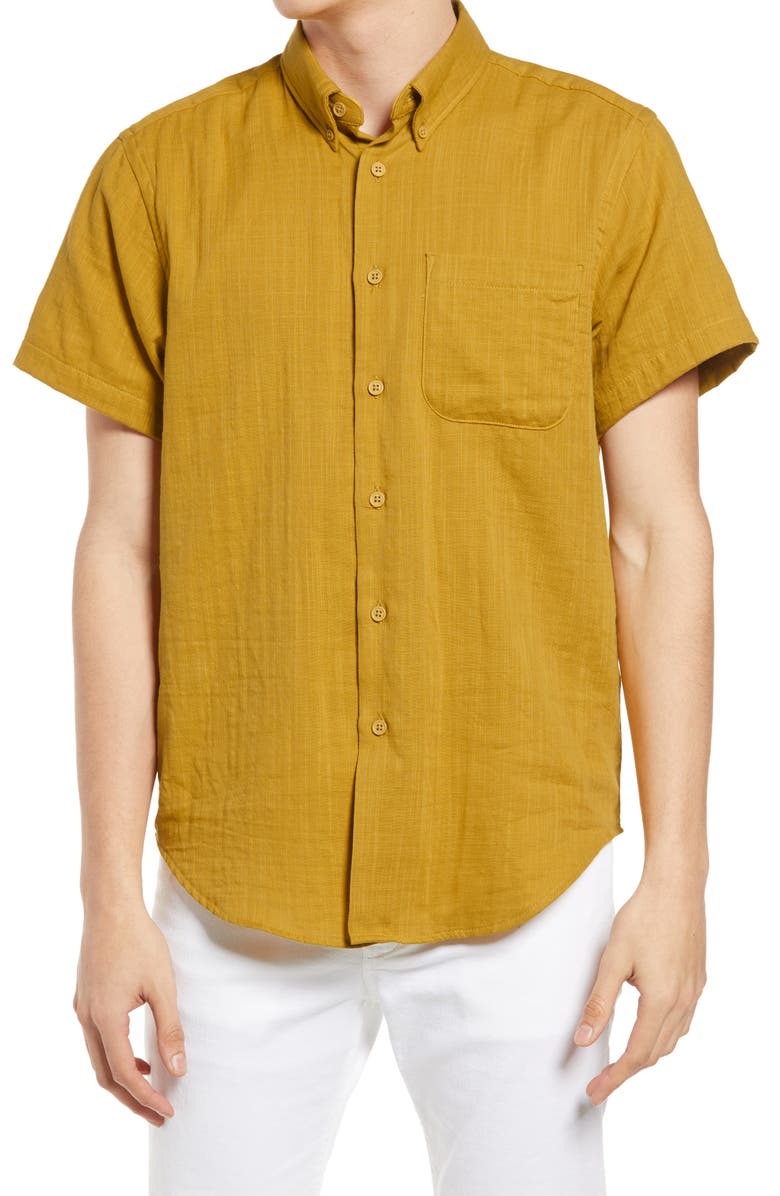 Naked & Famous Denim Short Sleeve Double Weave Gauze Button-Down Shirt, Main, color, 