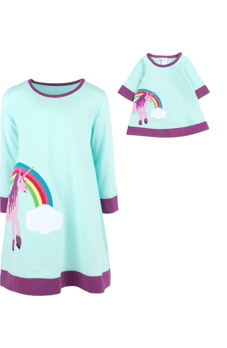 Leveret Girls Cotton Dress with Matching Doll Dress, Printed Design, Alternate, color, Aqua Unicorn