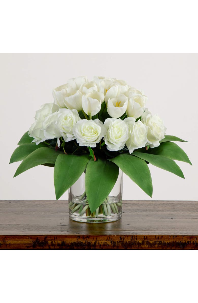 NEARLY NATURAL Wedding Collection 20-in Artificial Roses and Tulips Arrangement in Glass Vase, Alternate, color, Green/White