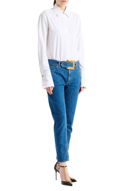 Belted denim jeans