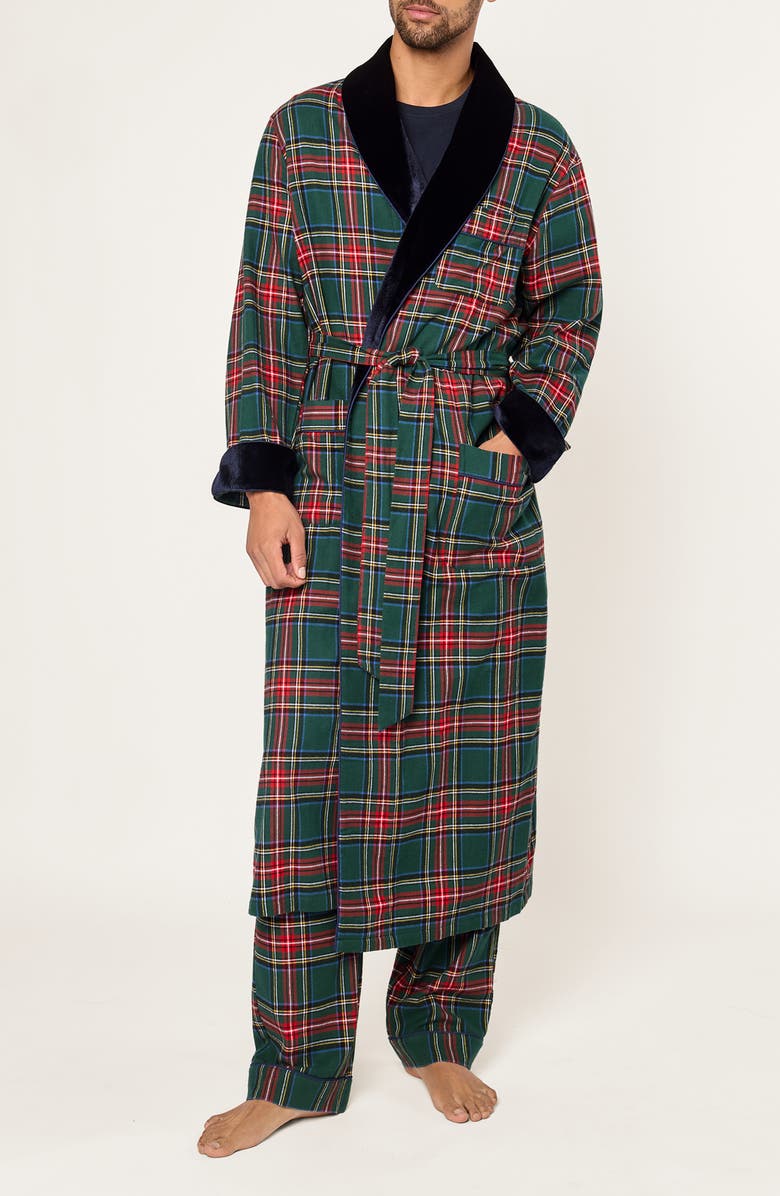 Petite Plume Plaid Cotton Flannel Robe with Velvet Shawl Collar, Main, color, Green