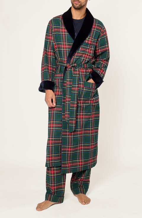 Plaid Cotton Flannel Robe with Velvet Shawl Collar