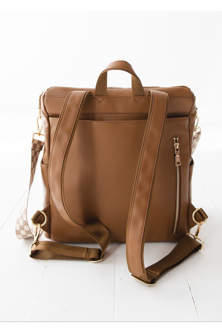 Vegan Leather Large Diaper Bag | 2 Insulated Bottle Pockets, Checkered Crossbody Strap, Stroller Straps & Changing Mat Included, Alternate, color, Brown