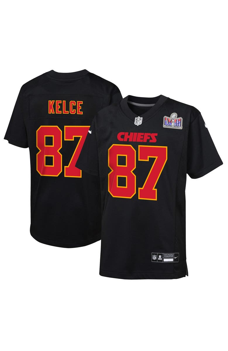 Nike Youth Nike Travis Kelce Black Kansas City Chiefs Super Bowl LVIII Patch Carbon Fashion Game Jersey, Main, color, 