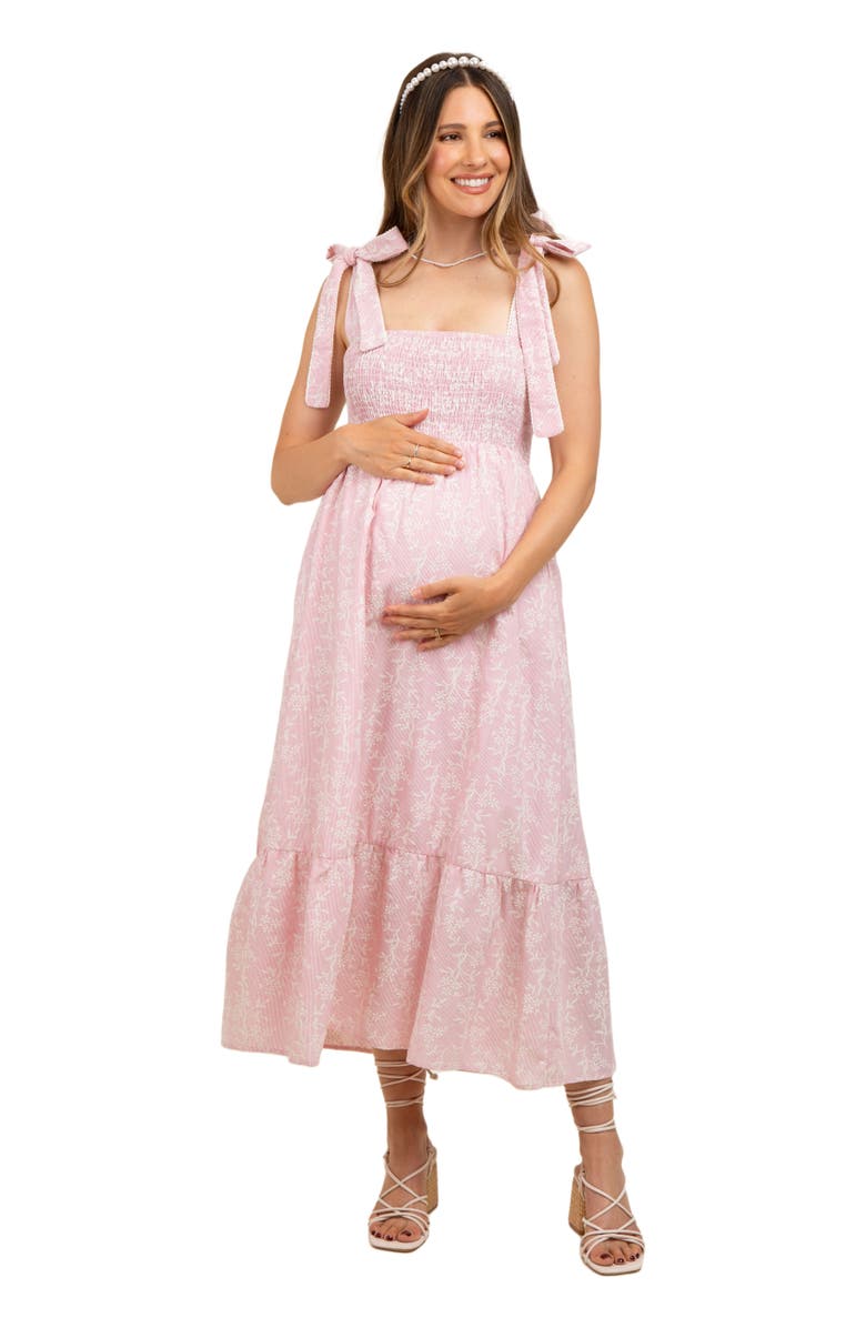 PinkBlush Floral Smocked Shoulder Tie Midi Dress, Main, color, 