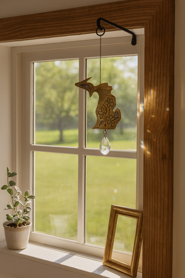Michigan State Apple Blossom Engraved Suncatcher, Alternate, color, Brass