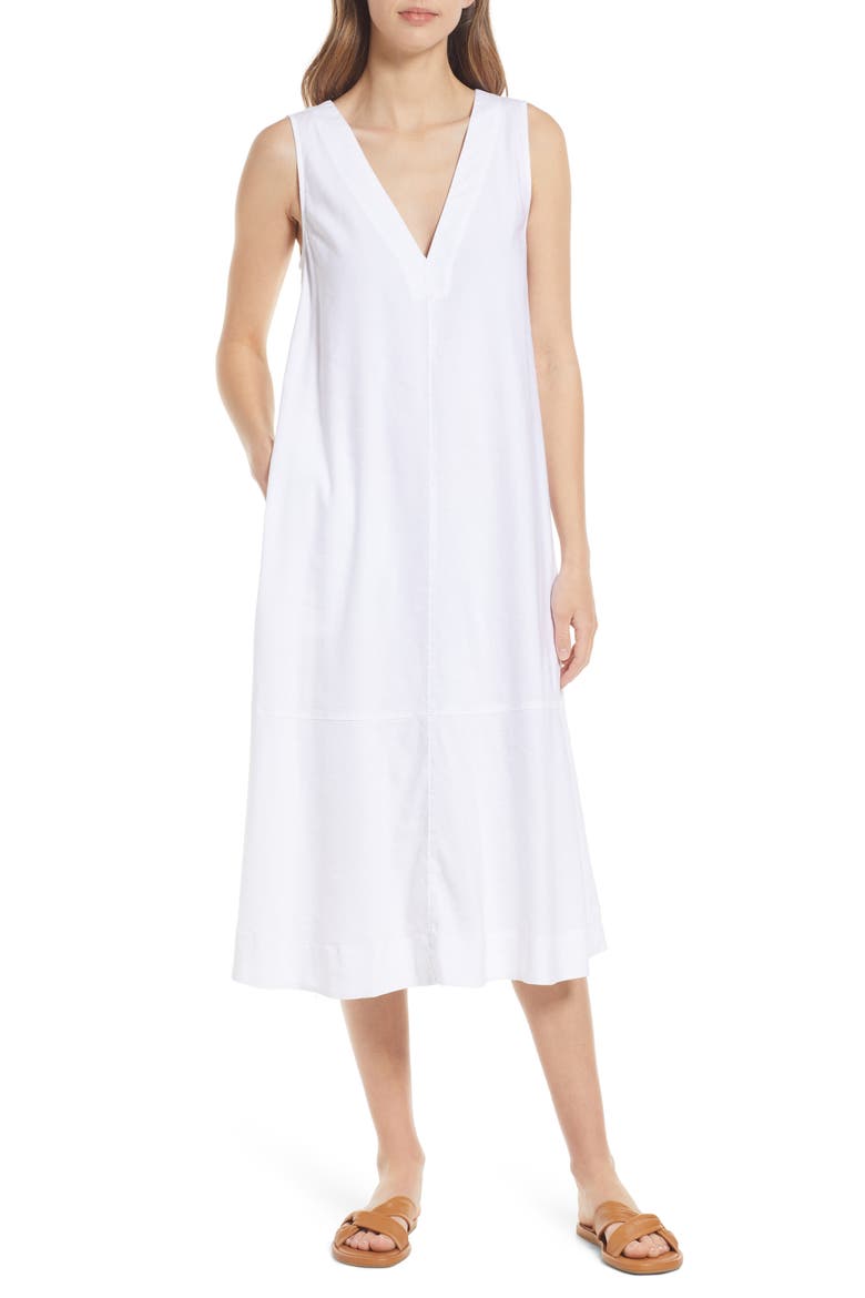 Sleeveless V-Neck Linen Blend Midi Dress, Main, color, WHITE
