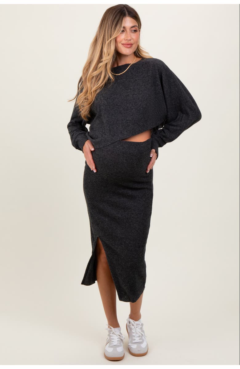 PinkBlush Ribbed Knit Asymmetric Top Midi Skirt Set, Alternate, color, Charcoal Grey