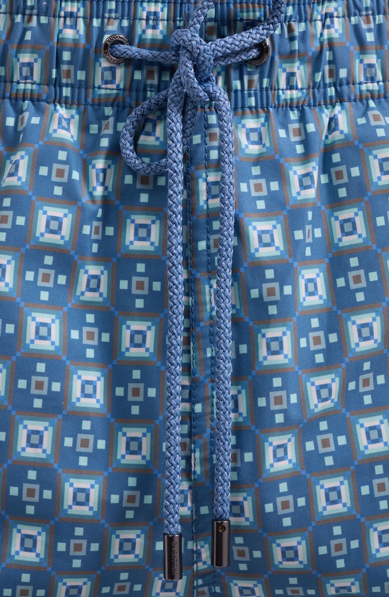 Bugatchi Cruz Print Swim Trunks, Alternate, color, Peacock