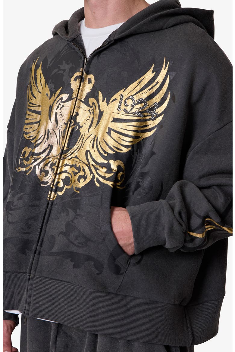 Oversize Gold Foil Cotton Zip Hoodie, Alternate, color, WASHED BLACK