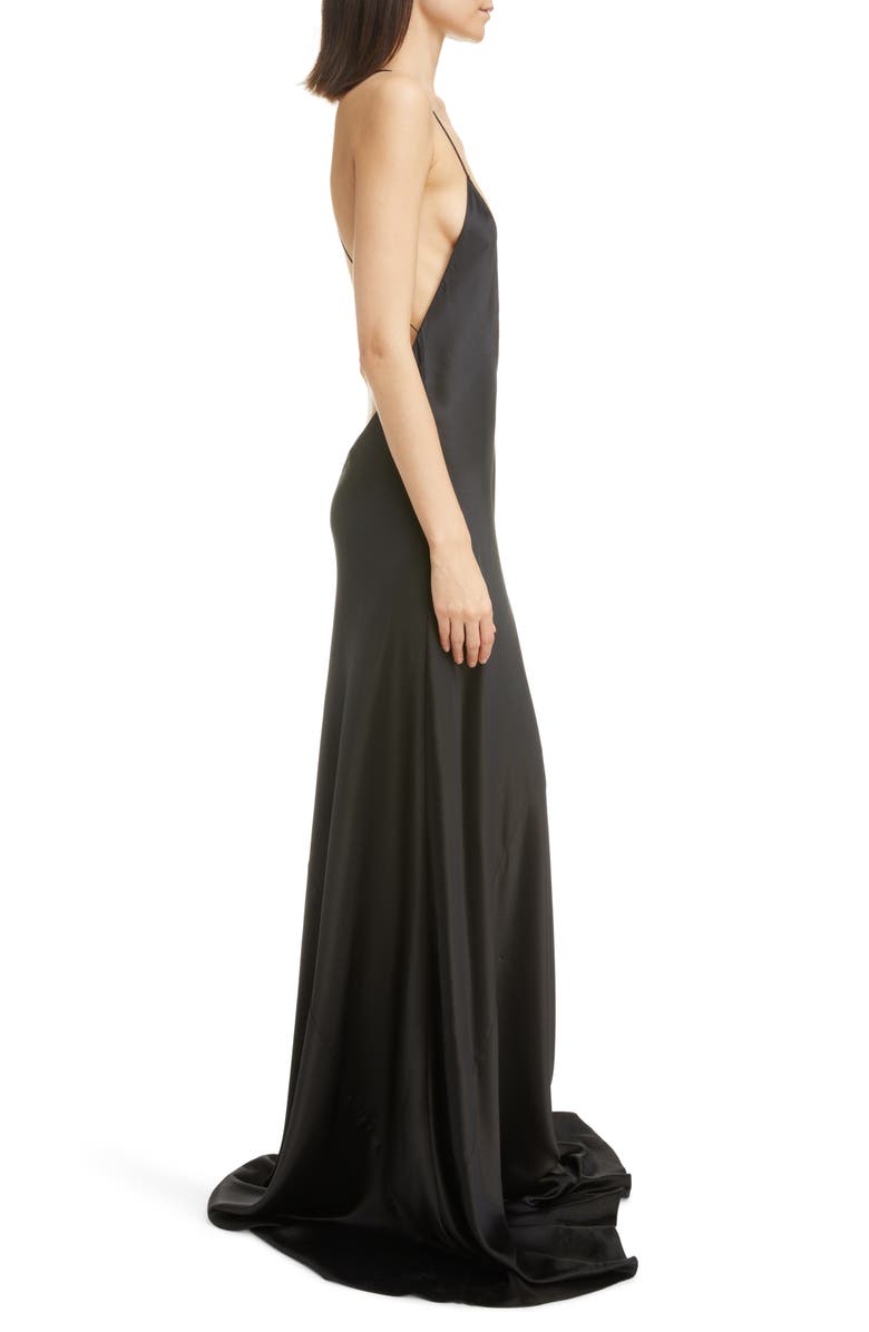 Saint Laurent Plunge Neck Open Back Silk Gown, Alternate, color,