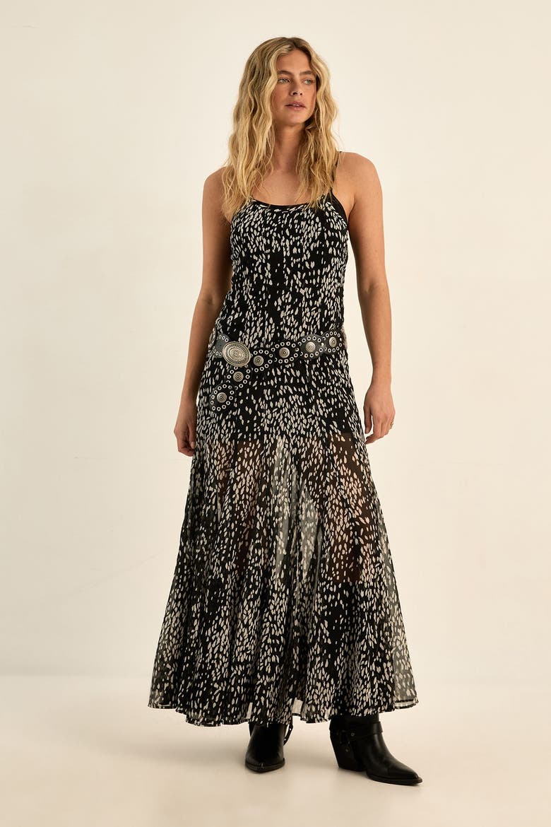Spot Godet Hem Strappy Maxi Dress, Alternate, color, Black