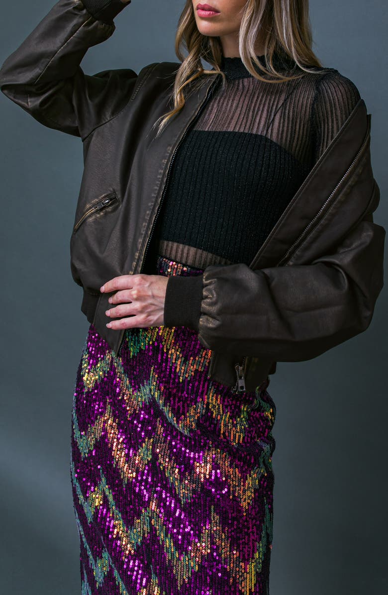 FLYING TOMATO My Greatest Joy Faux Leather Bomber Jacket, Alternate, color, Dark Brown