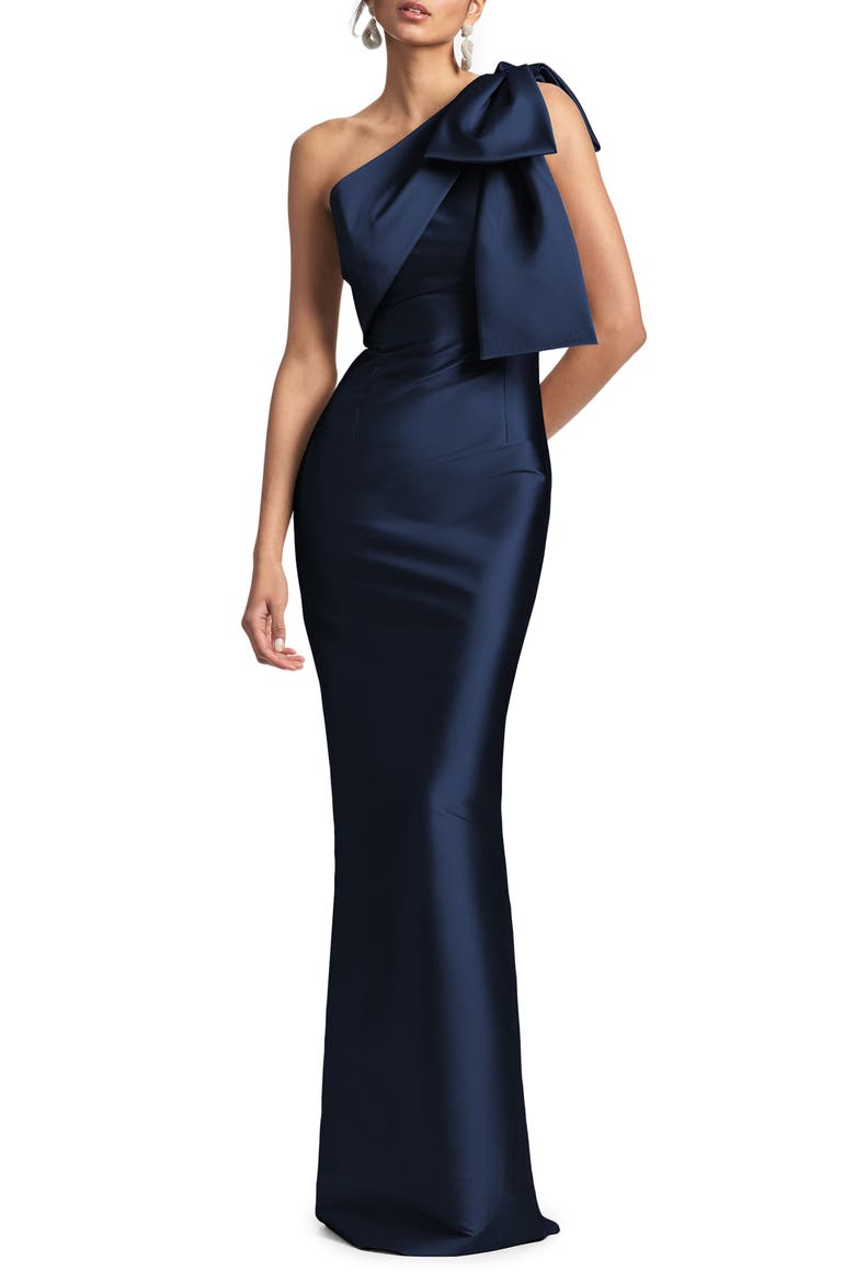 Bonnie Bow One-Shoulder Satin Gown, Main, color, MIDNIGHT SKY