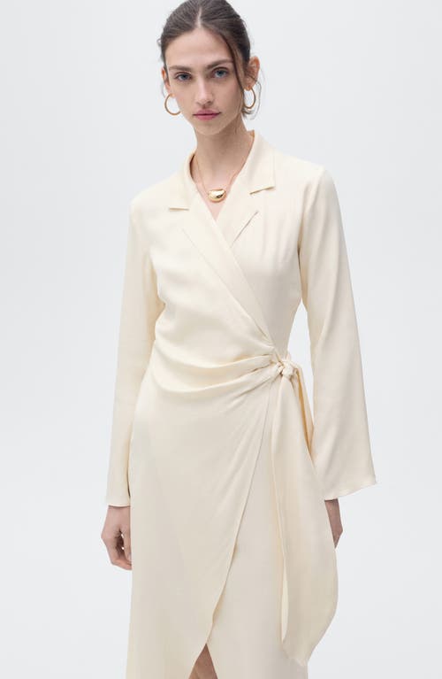 Mango Long Sleeve Satin Wrap Midi Shirtdress In Ecru