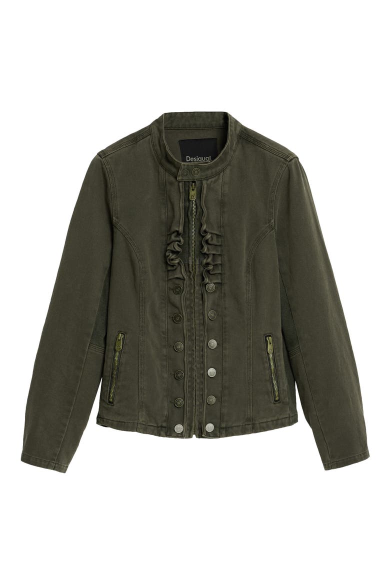 Ruffle Detail Denim Jacket, Alternate, color, LIGHT GREEN
