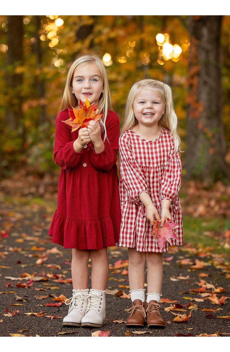 Mabel + Honey Mabel and Honey Rosie Dress - Red Ribbed Long-Sleeve Girls' Dress with Wooden Buttons., Alternate, color, Red