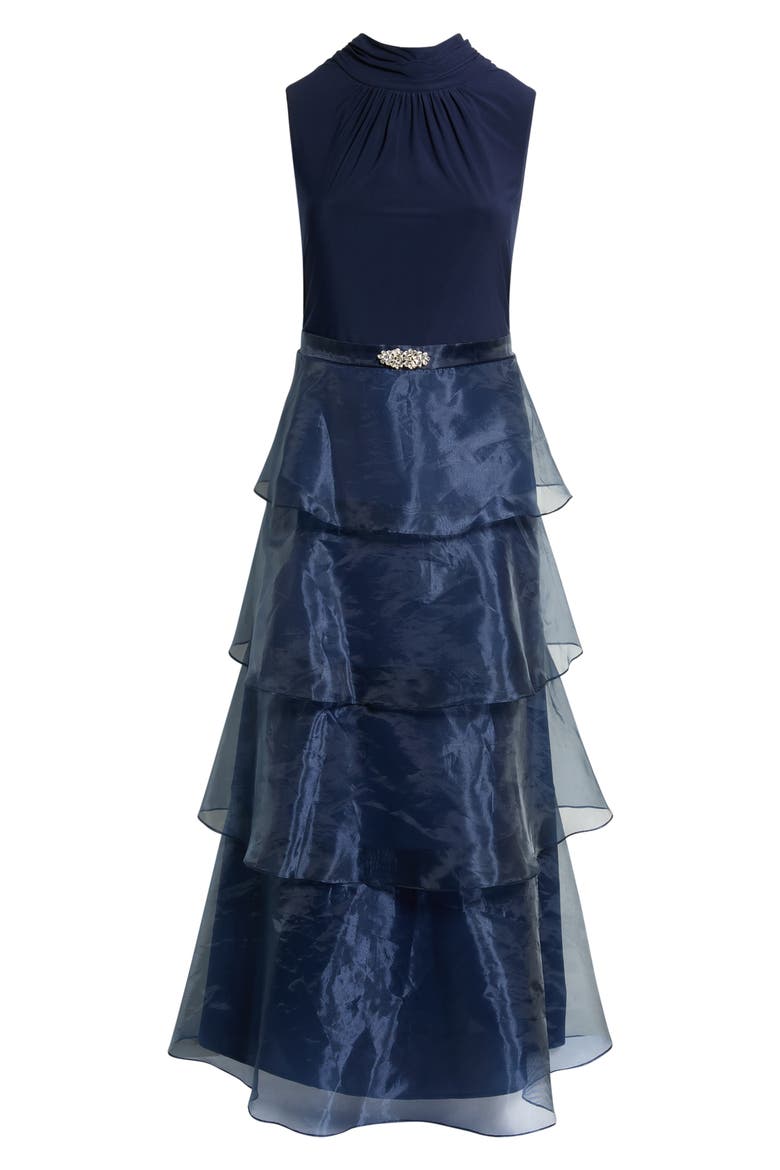 Mixed Media Tiered Organza Gown, Alternate, color, NAVY