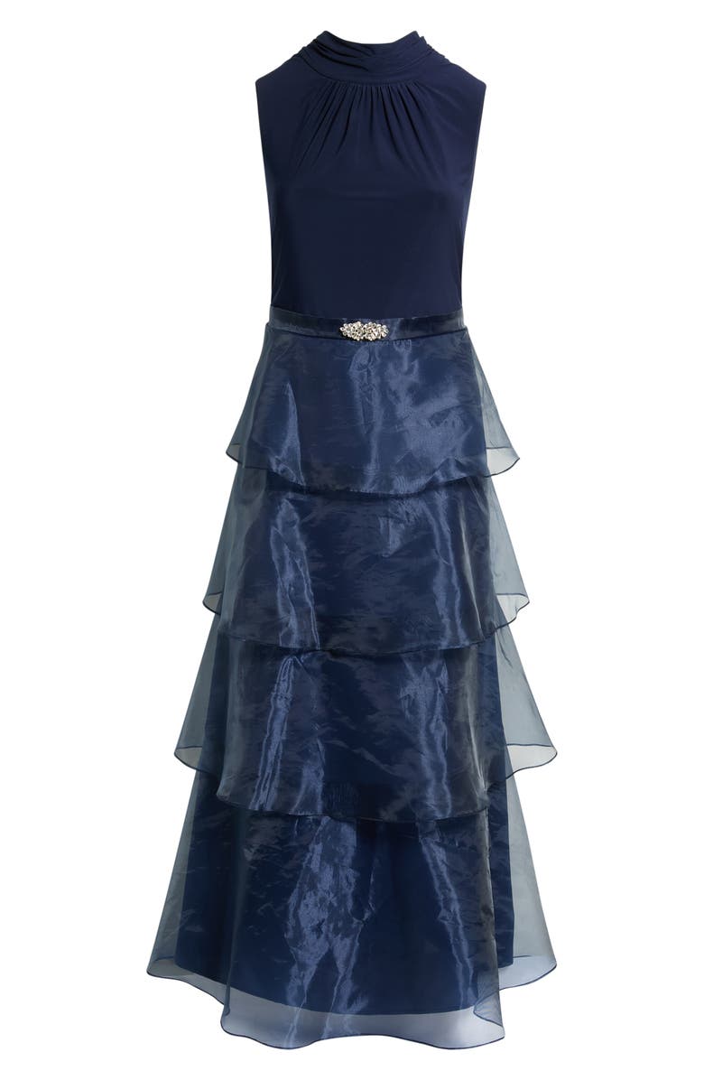 Jessica Howard Mixed Media Tiered Organza Gown, Main, color, Navy
