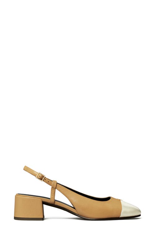Tory Burch Logo Leather Slingback Pumps In Ginger Shortbread/spark Gold