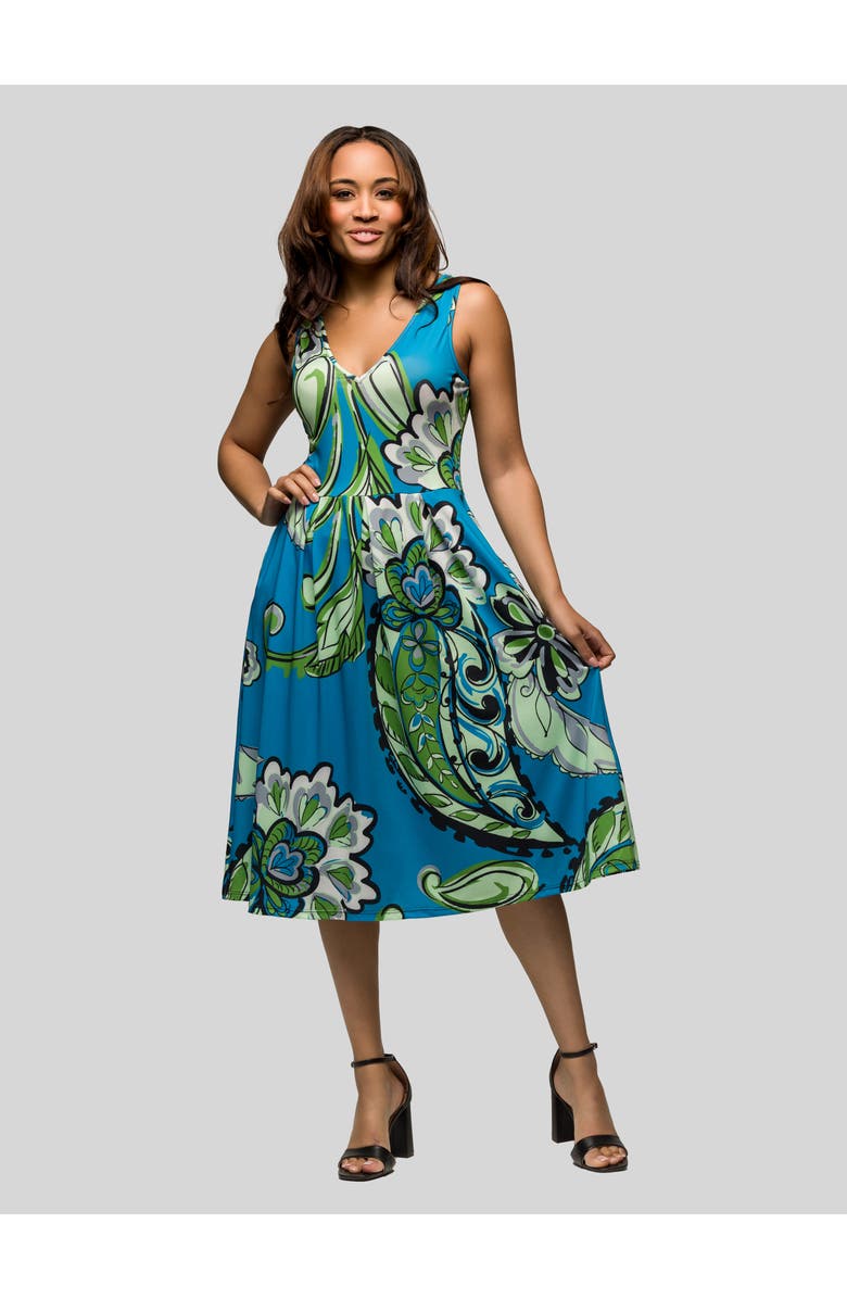 24seven Comfort Apparel Midi Length Teal Paisley Print Sleeveless Pleated Pocket Dress, Main, color, Blue Multi