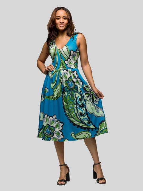 Midi Length Teal Paisley Print Sleeveless Pleated Pocket Dress