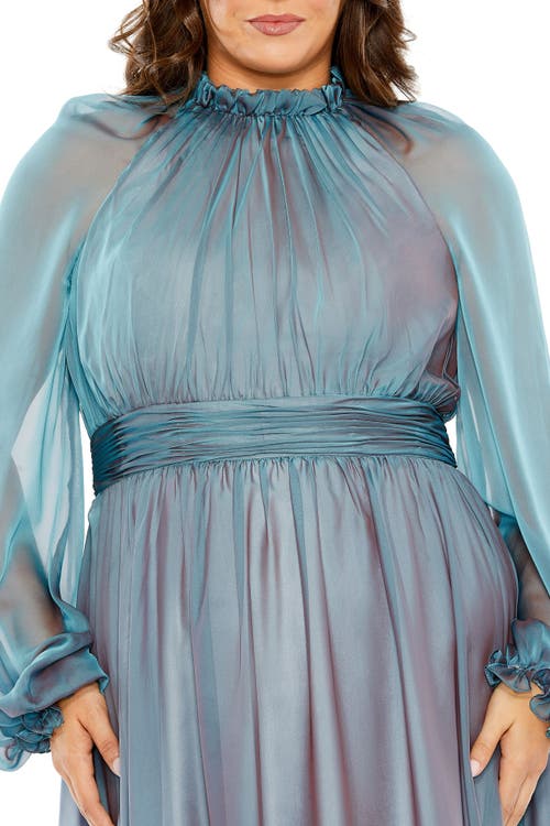 Mac Duggal Puff Sleeve With Embellished Cuff V Neck A Line Gown In French Blue