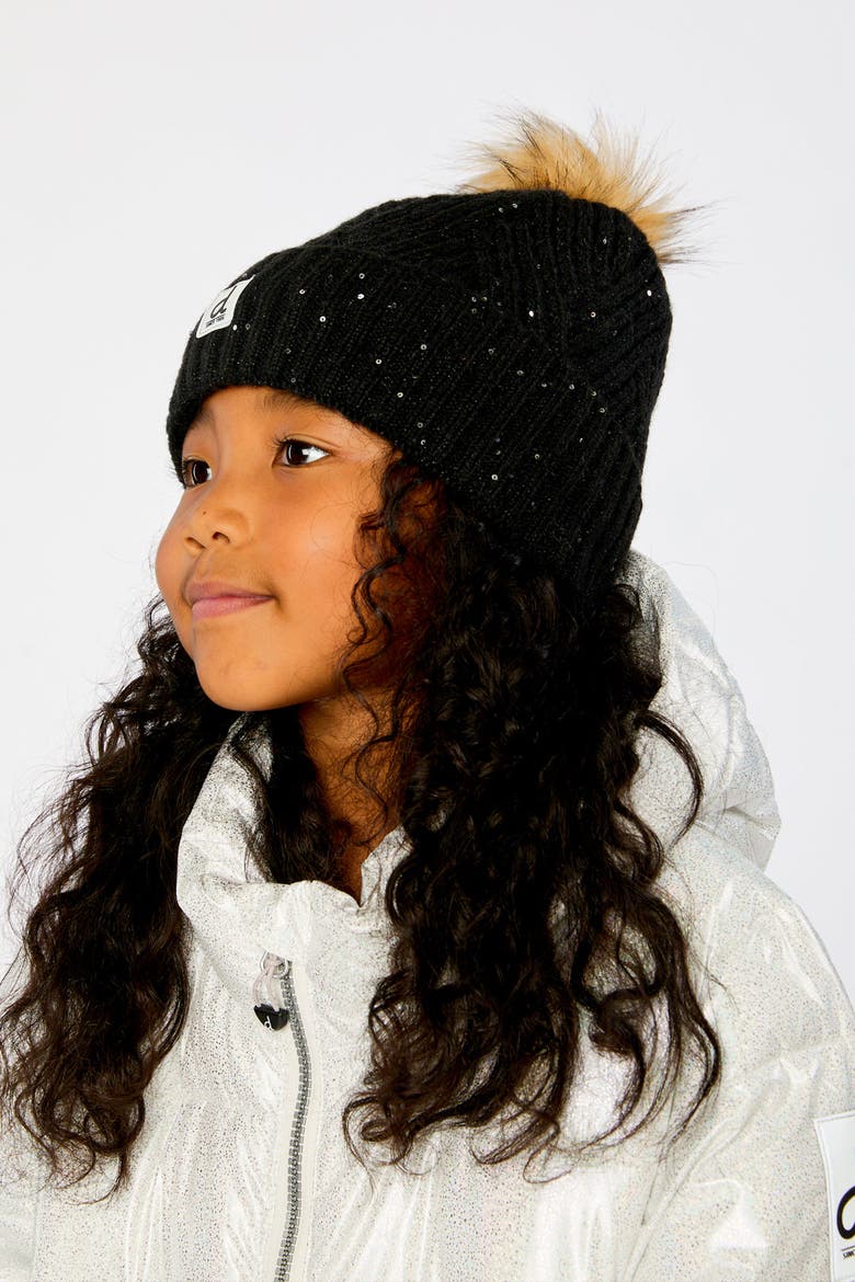 Winter Fleece Lined Faux Fur Pompom Knit Hat, Alternate, color, Noir