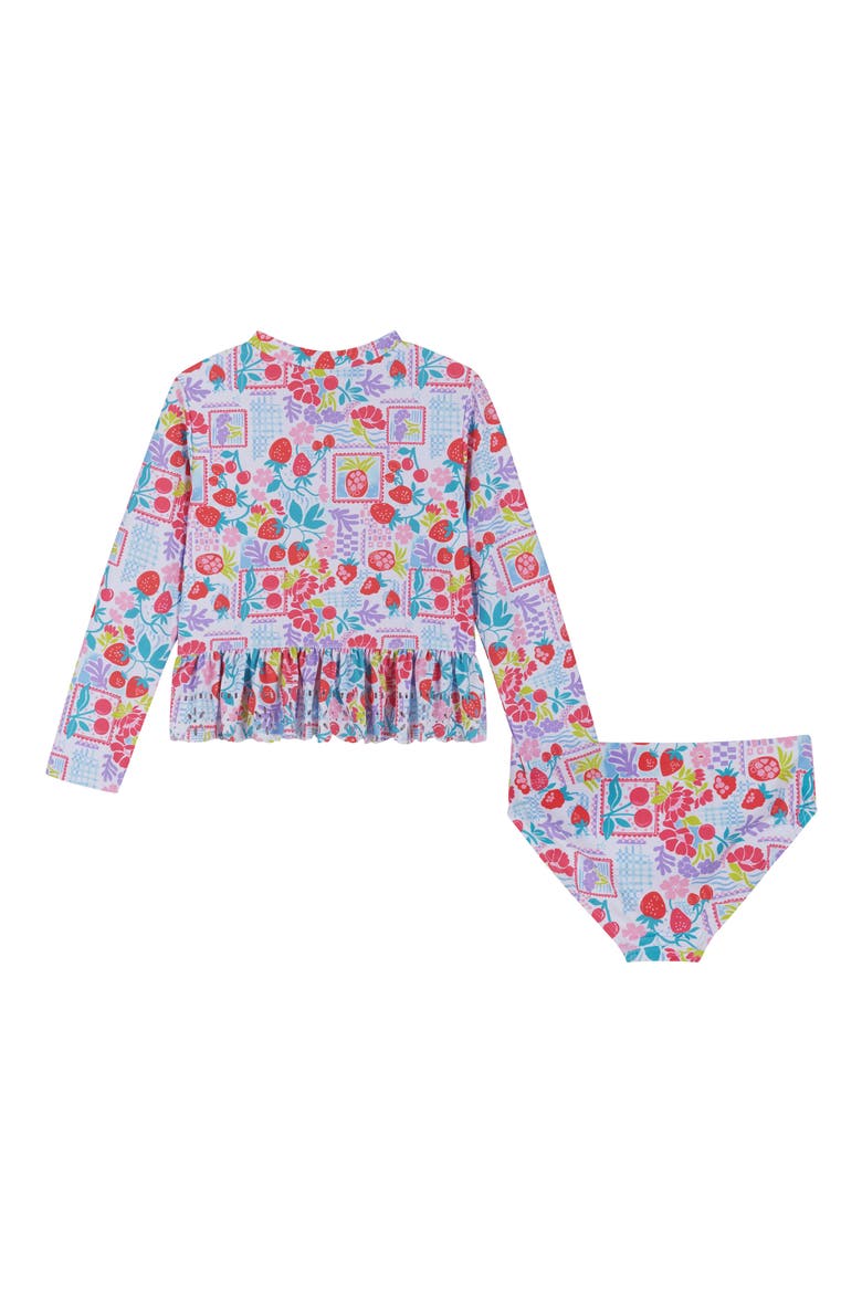 Kids' Ruffle Fruit Print Long-Sleeve Rib Two-Piece Swimsuit, Alternate, color, WHITE FRUIT
