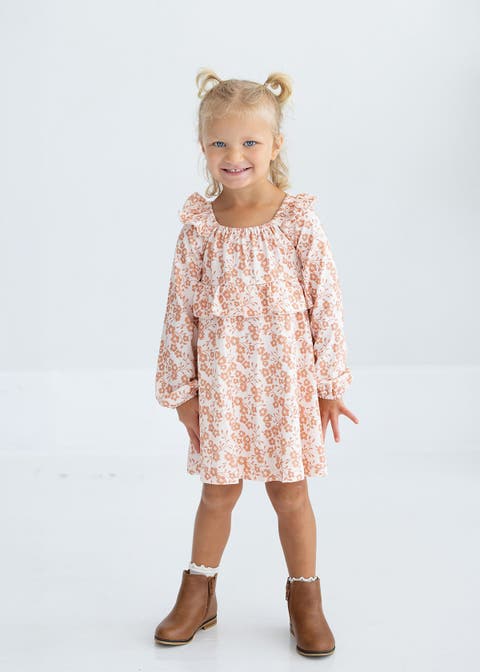 Honey Petals Long Sleeve Floral Ruffle Collar Tiered Bodice Dress