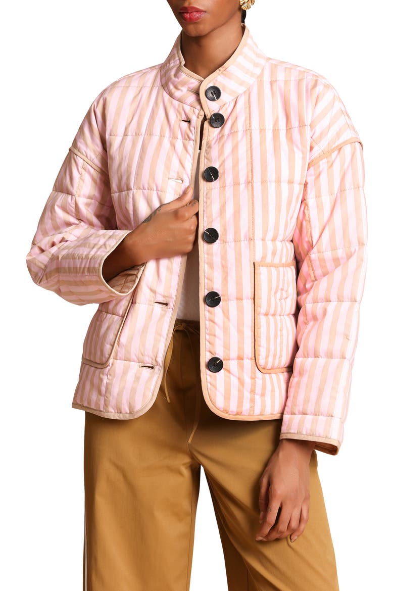Stripe Boxy Quilted Cotton Blend Jacket, Main, color, PINK-TAUPE STRIPE
