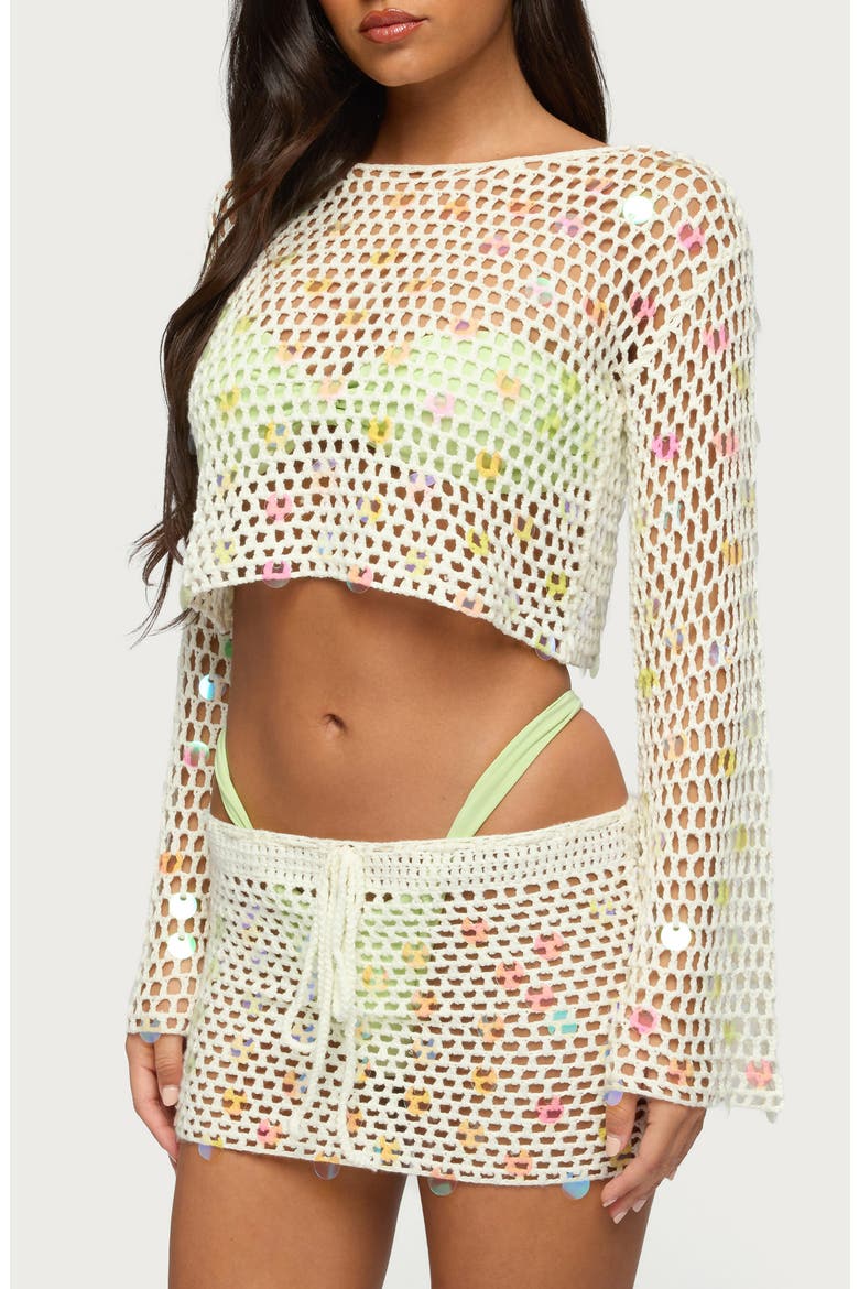 Kirah Open Stitch Paillette Cover-Up Crop Top, Alternate, color, CREAM