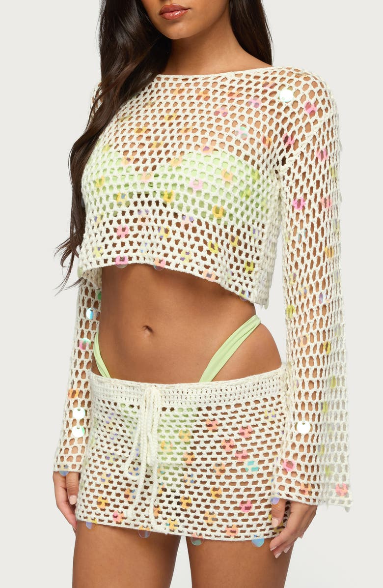 EDIKTED Kirah Open Stitch Paillette Cover-Up Crop Top, Alternate, color,