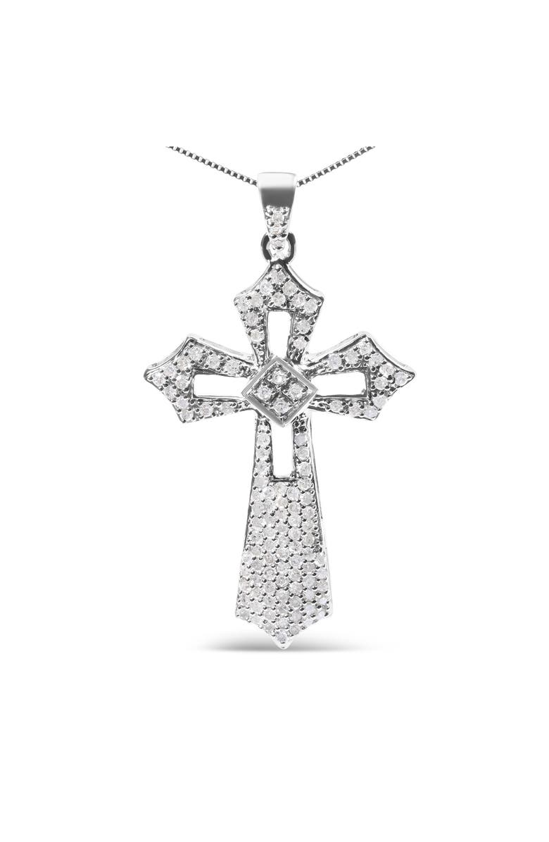 Haus of Brilliance Silver 1.00 Cttw Diamond Fleur De Lis Cross 18" Pendant Necklace, Alternate, color, White