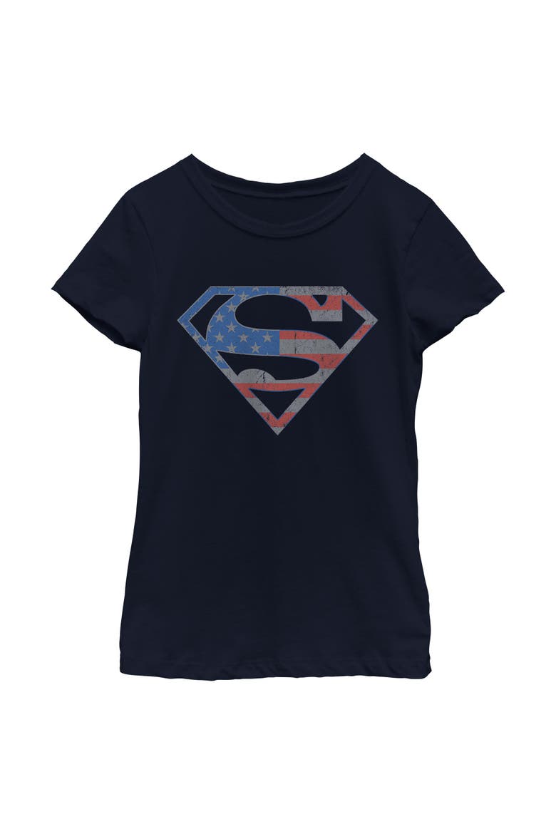 Girl's Superman Stars and Stripes S Shield  Graphic T-Shirt, Main, color, Navy Blue