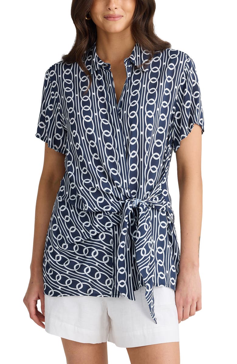 Brave+True Nova Print Side Tie Shirt, Main, color, Navy Links