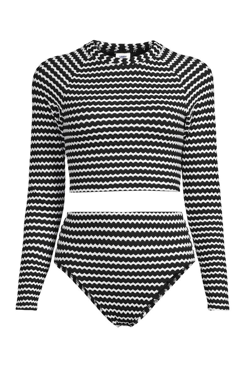 Crochet Long Sleeve Bikini Top and High Waisted Bottoms Swimsuit Set, Alternate, color, Black/White