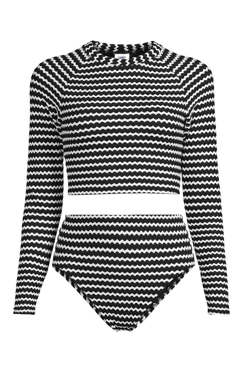Lands' End Crochet Long Sleeve Bikini Top and High Waisted Bottoms Swimsuit Set, Alternate, color, Black/White